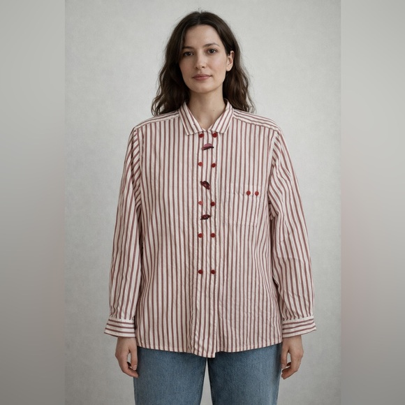 Vintage Tops - Vintage Betty Barclay Red White Striped hat embroidery Button-Up Shirt size 12